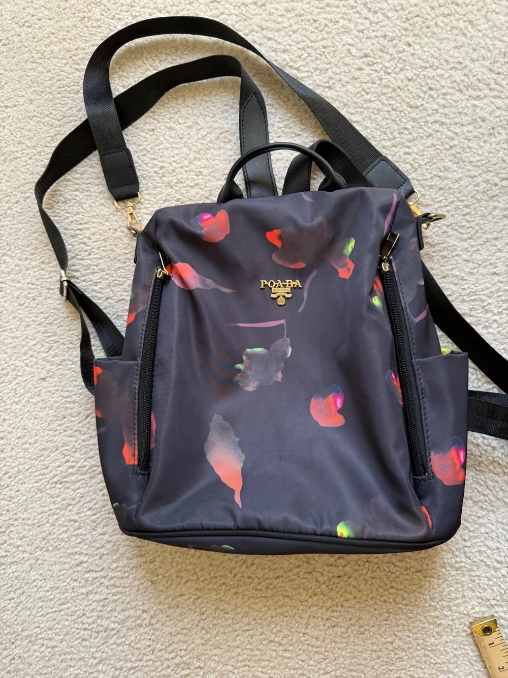 Black Floral Print Nylon Backpack - Women's Convertible Daypack